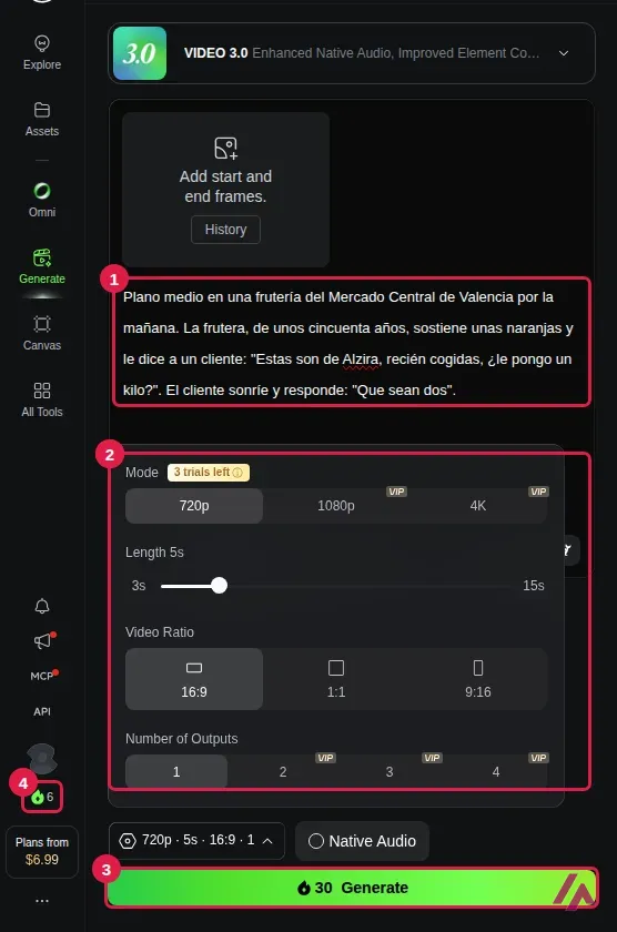 Generador de vídeo de Kling AI con un encargo en español sobre una frutería de Valencia, el panel de ajustes en 720p, 5 segundos y 16:9, el botón Generate marcando 30 créditos y el saldo de 6