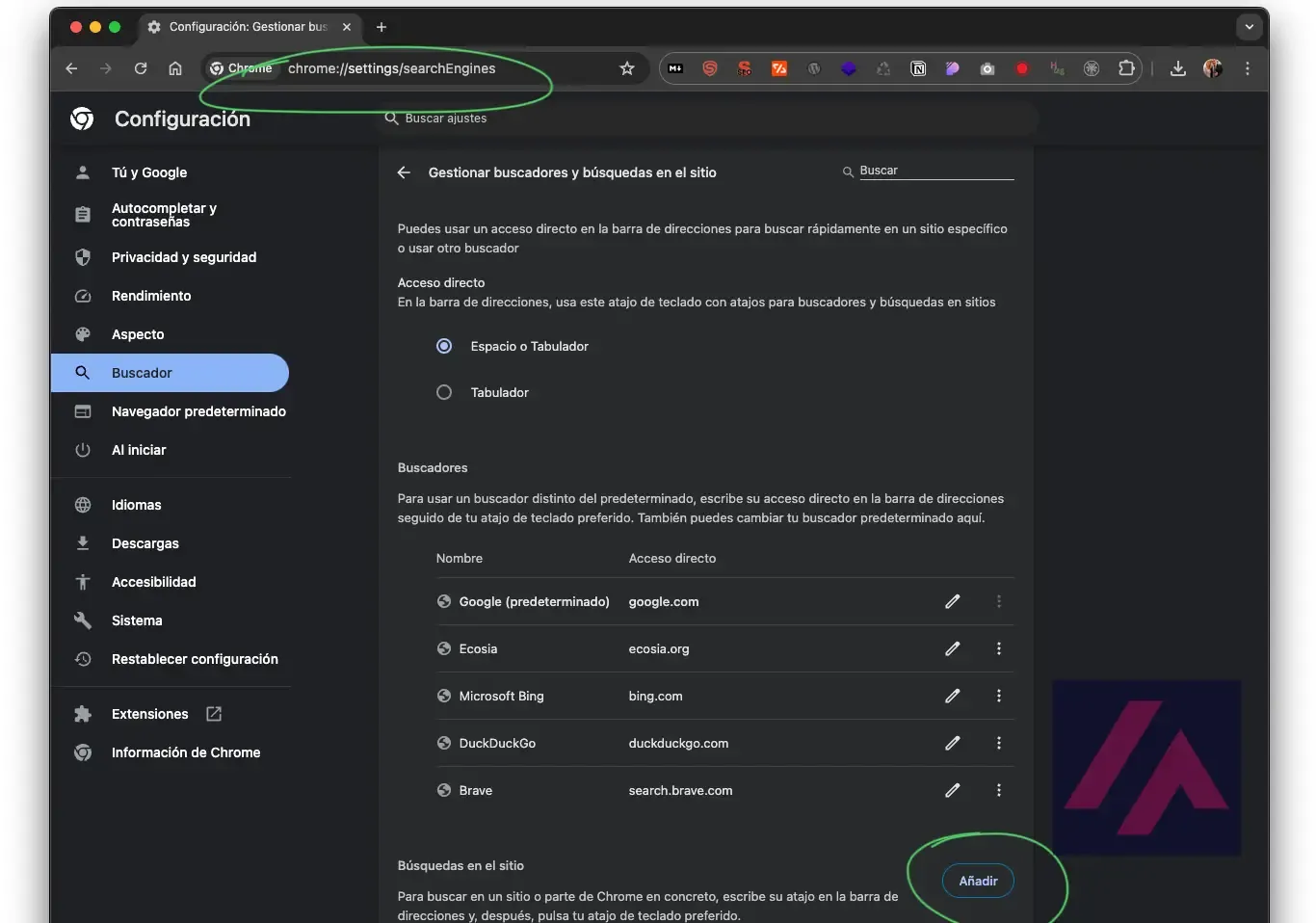 Pantalla de configuración de Chrome para ajustar el buscador predeterminado sin SGE.