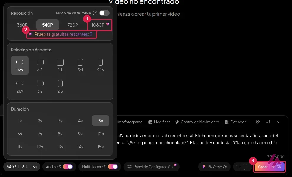 Panel de ajustes del generador de vídeo de PixVerse con la resolución 1080P marcada como de pago, el aviso de 3 pruebas gratuitas restantes y el botón Crear con 38 créditos recuadrados