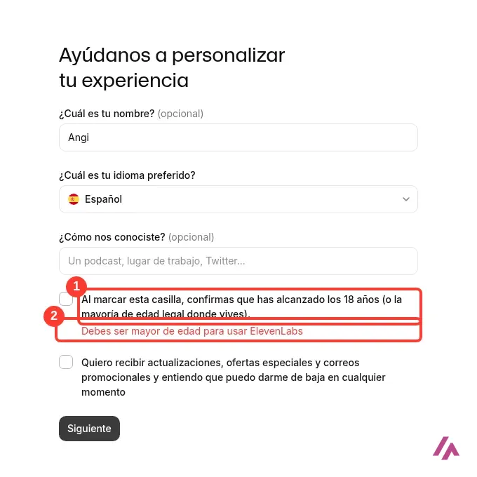 Formulario de alta de ElevenLabs en español con la casilla para confirmar los 18 años y el aviso Debes ser mayor de edad para usar ElevenLabs recuadrados