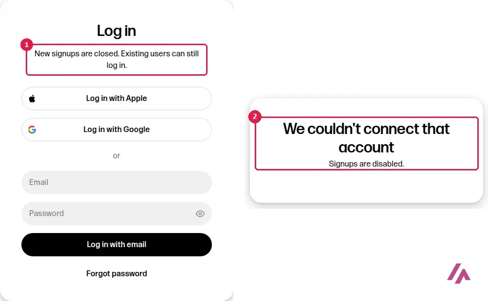 Pantalla de entrada de Reve con el aviso New signups are closed recuadrado y, al lado, el mensaje We couldn't connect that account Signups are disabled recuadrado