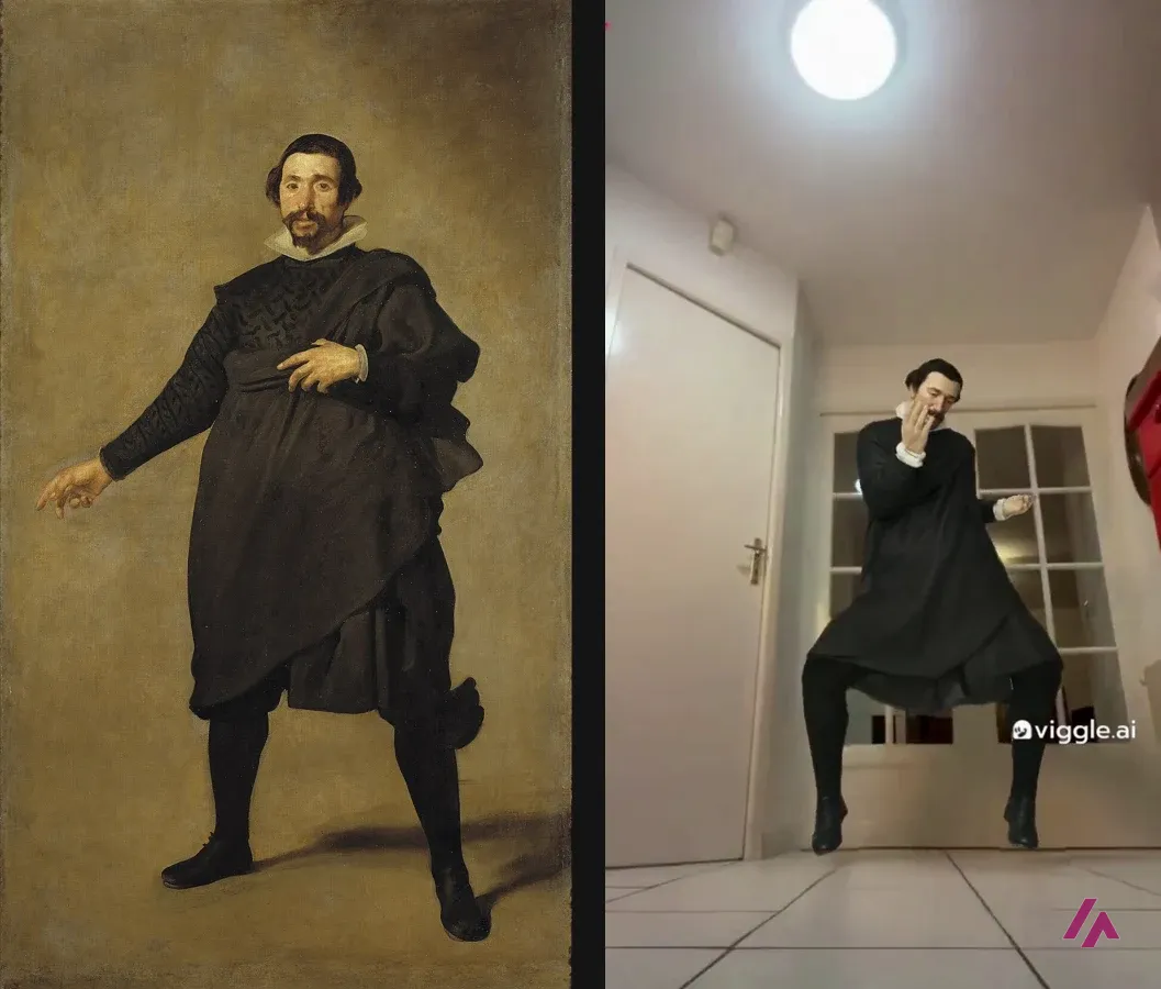A la izquierda el cuadro de Pablo de Valladolid de Velázquez y a la derecha un fotograma del vídeo de Viggle con el mismo personaje bailando en un pasillo