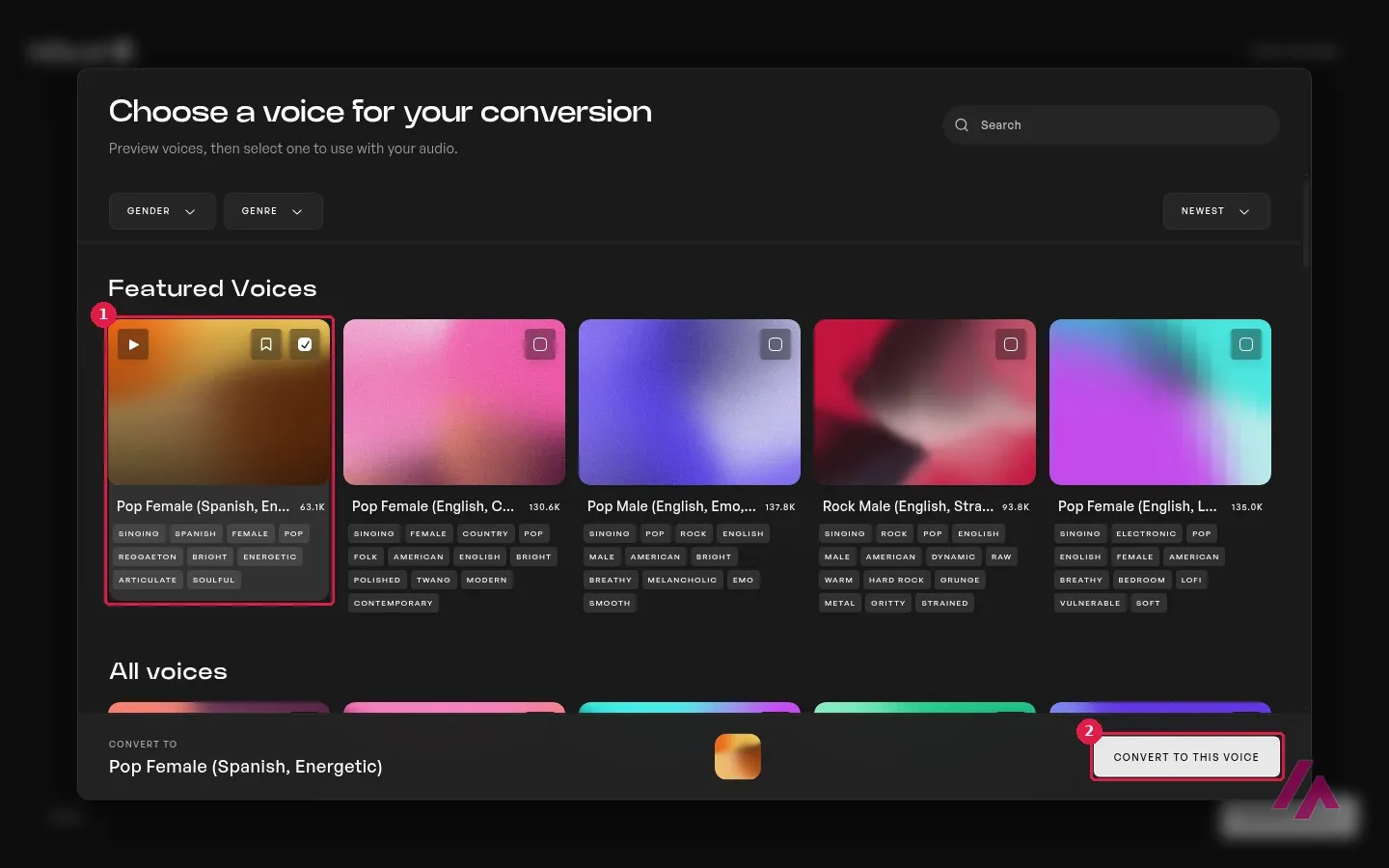 Ventana de Kits AI para elegir la voz de la conversión con la voz Pop Female Spanish Energetic seleccionada entre las voces destacadas y el botón Convert to this voice recuadrados
