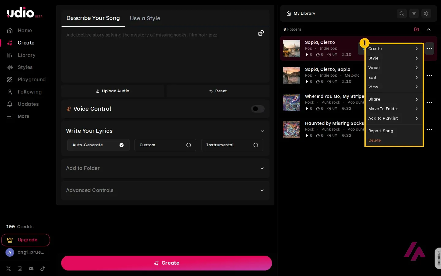 Menú de opciones de una canción en Udio con Create, Style, Voice, Edit, View, Share, Move To Folder, Add to Playlist, Report Song y Delete, sin opción de descarga, recuadrado