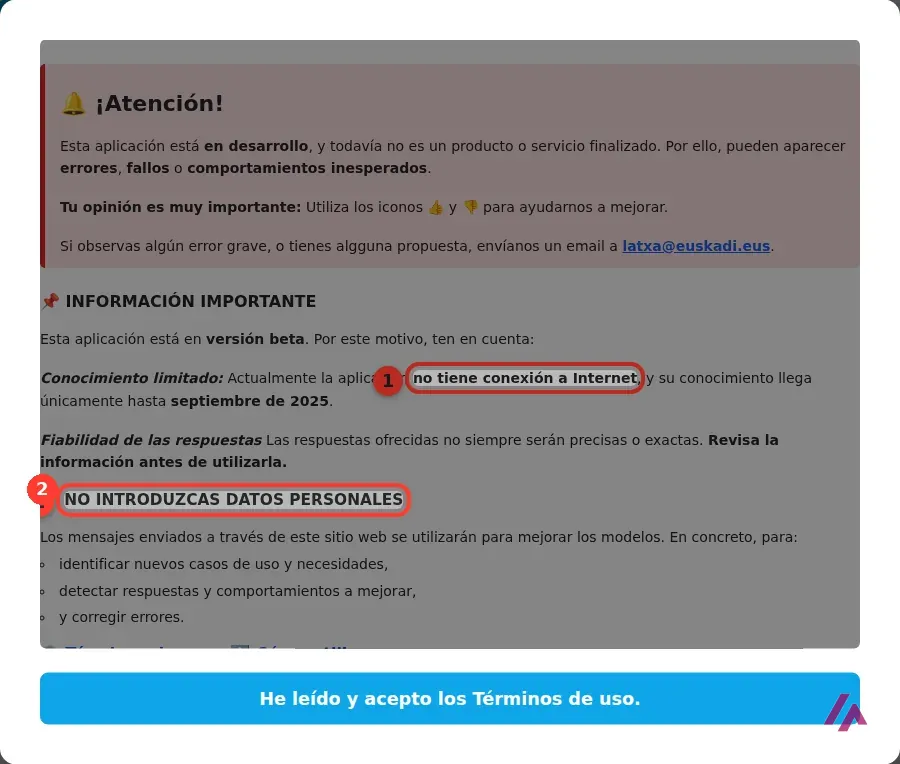 Aviso de entrada de la versión de Latxa en euskadi.eus con dos zonas recuadradas: que no tiene conexión a Internet y que no se introduzcan datos personales