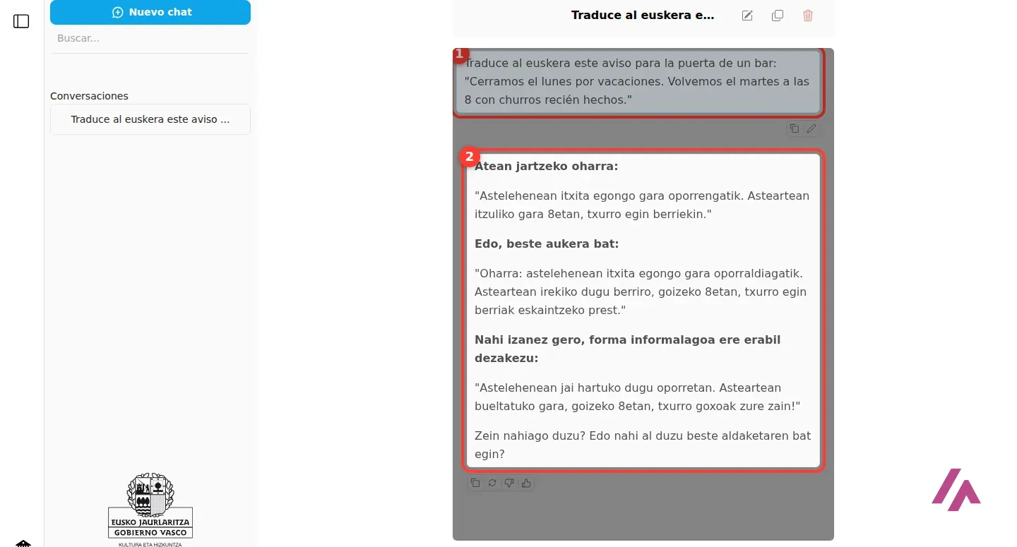 Chat de Latxa con la petición en castellano de traducir el aviso de un bar y la respuesta en euskera con varias versiones del aviso
