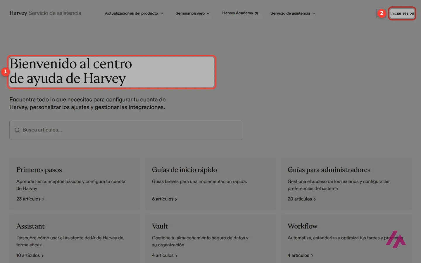 Centro de ayuda de Harvey en español con el título Bienvenido al centro de ayuda de Harvey y el botón Iniciar sesión recuadrados