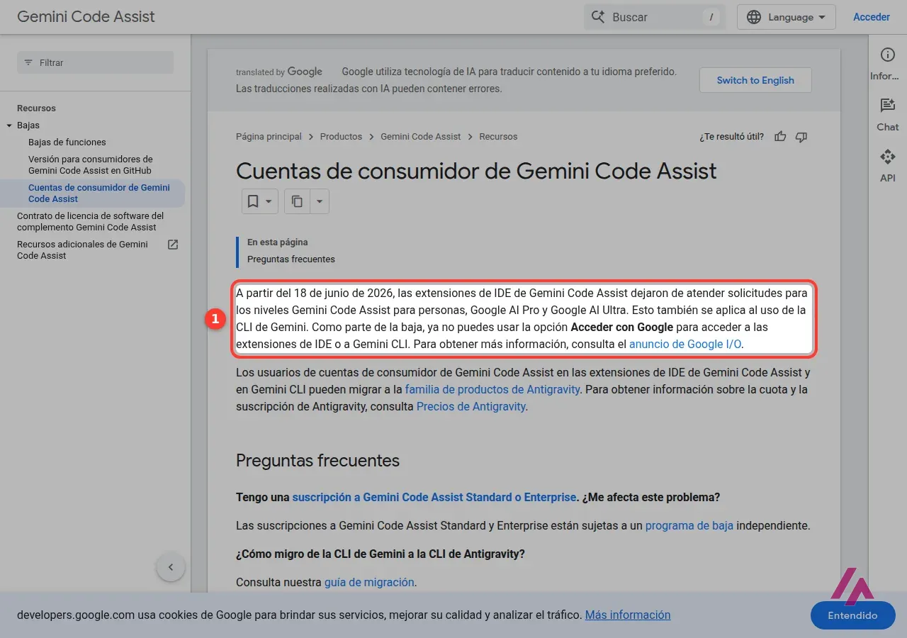 Página de Gemini Code Assist en español sobre las cuentas de consumidor con el párrafo de la baja del 18 de junio de 2026 recuadrado