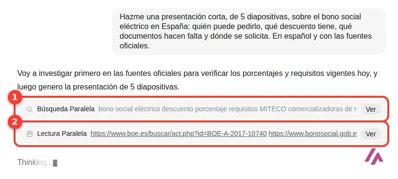 Chat del Súper Agente de Genspark con la petición de la presentación sobre el bono social y los pasos Búsqueda paralela y Lectura paralela recuadrados y numerados