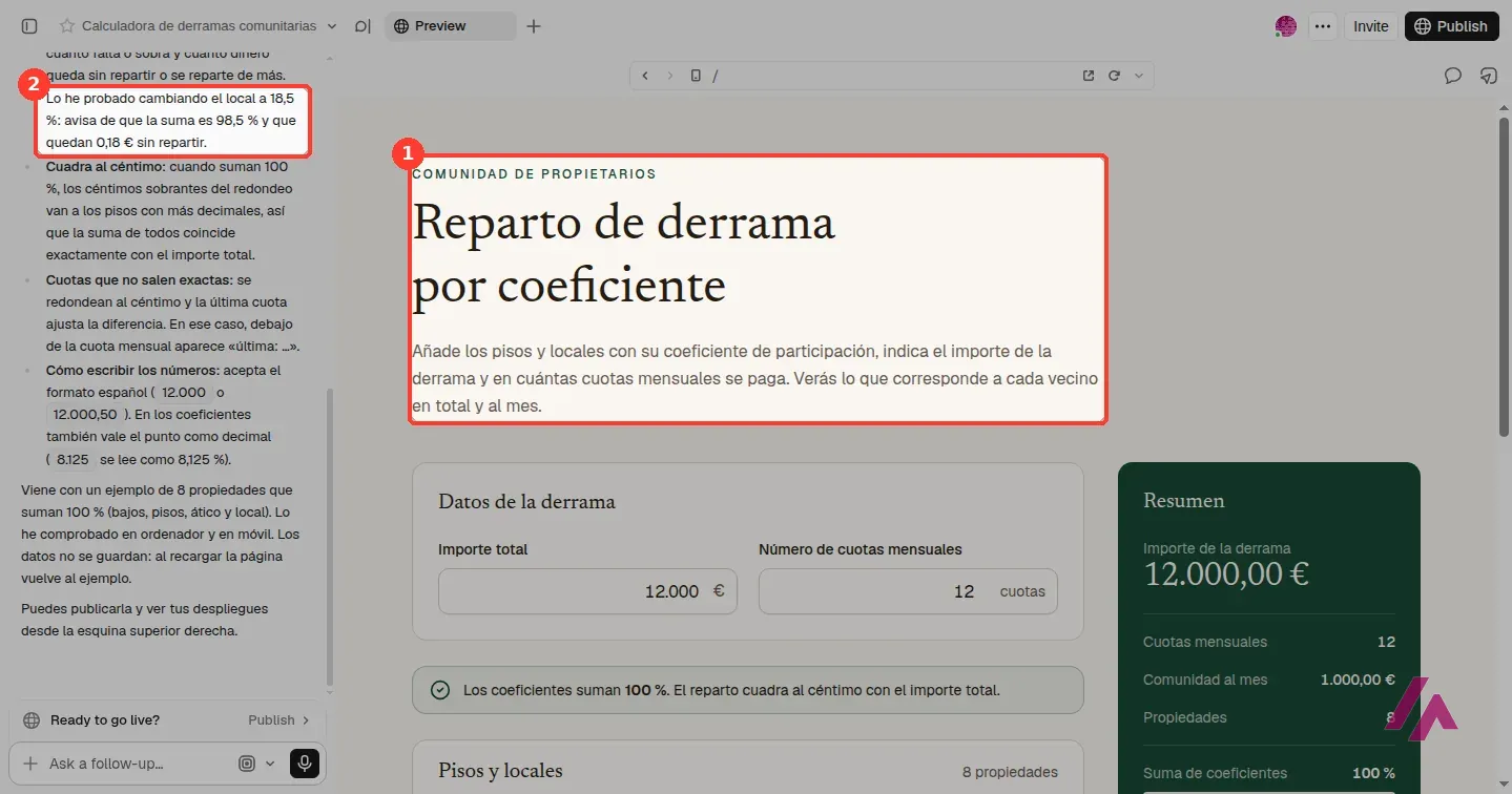 Calculadora de derramas creada por v0, con la cabecera de la app recuadrada y, en el chat, la frase en la que dice que quedan 0,18 euros sin repartir
