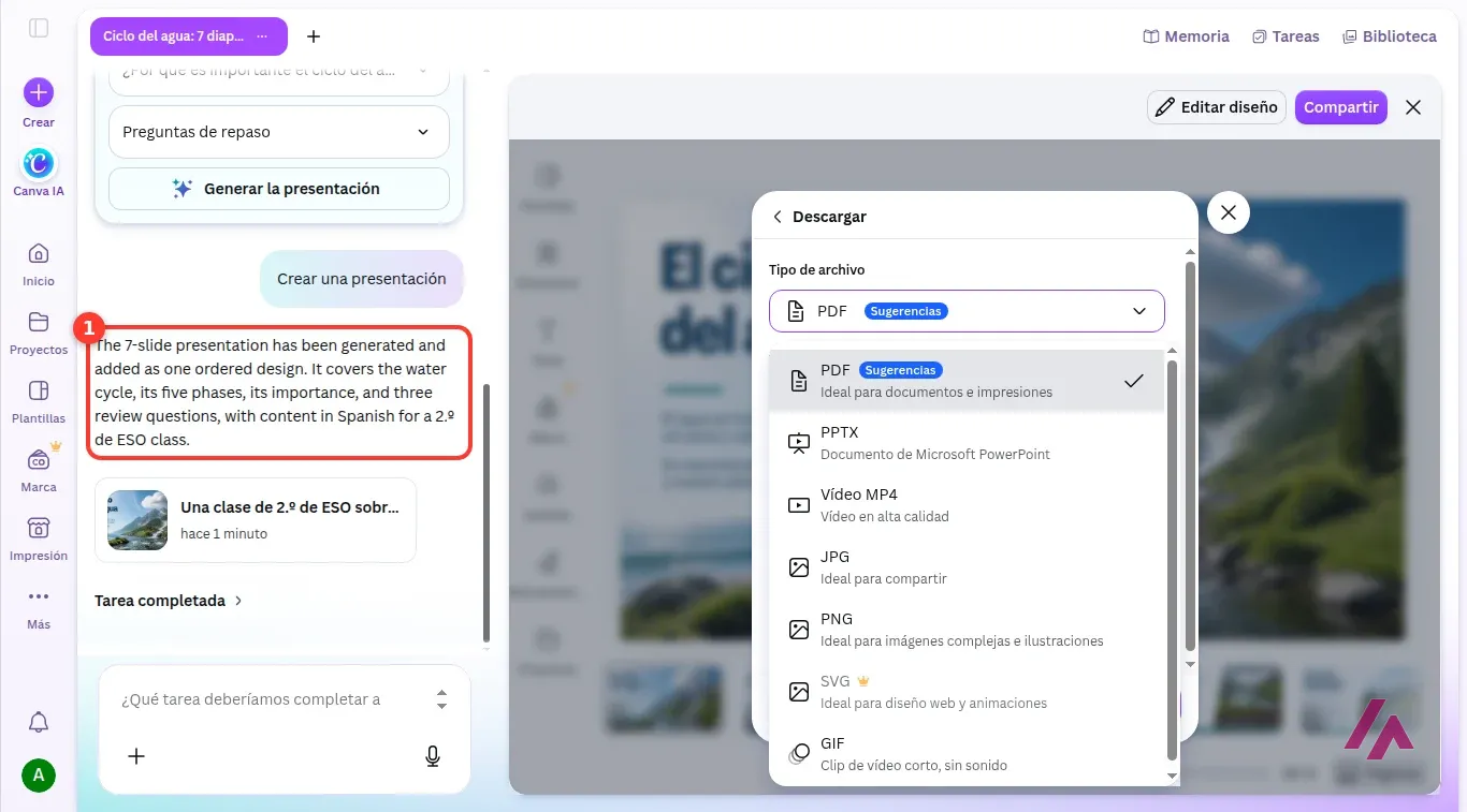 Panel de Canva con el mensaje final en inglés recuadrado con el número 1 y el desplegable Tipo de archivo abierto con PDF, PPTX, Vídeo MP4, JPG, PNG, SVG y GIF