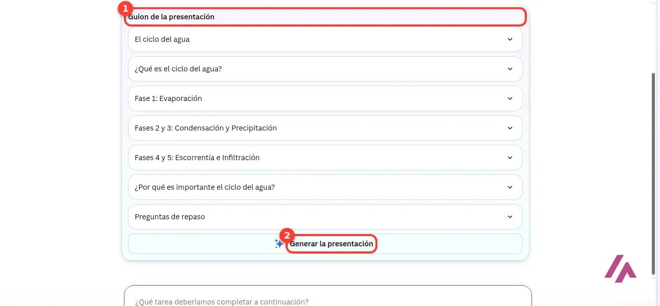 Guion de la presentación que propone Canva IA, con el título del guion recuadrado con el número 1 y el botón Generar la presentación con el número 2