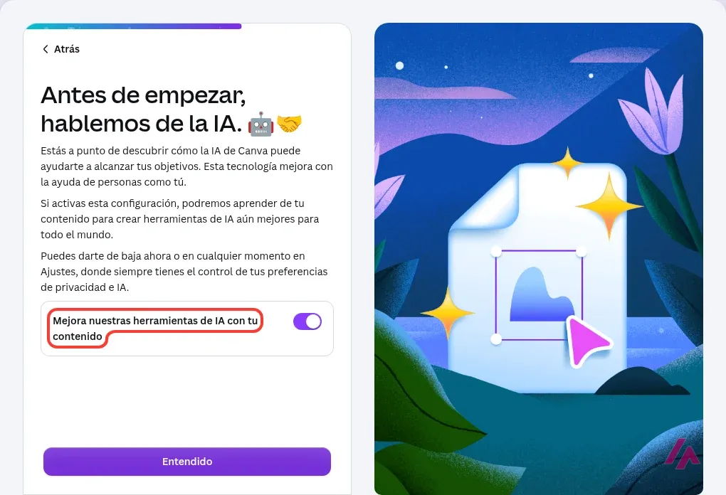 Pantalla de bienvenida de Canva titulada Antes de empezar, hablemos de la IA, con el interruptor Mejora nuestras herramientas de IA con tu contenido recuadrado y activado