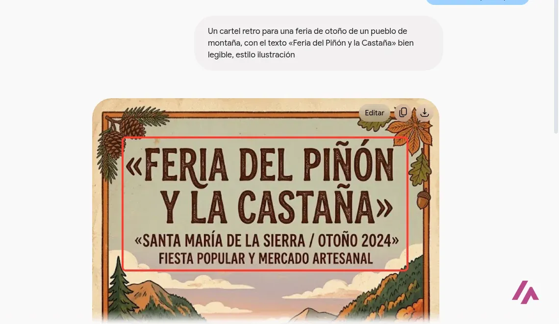 Cartel ilustrado generado por Gemini con el texto Feria del Piñón y la Castaña bien escrito, piñas, hojas de castaño y montañas