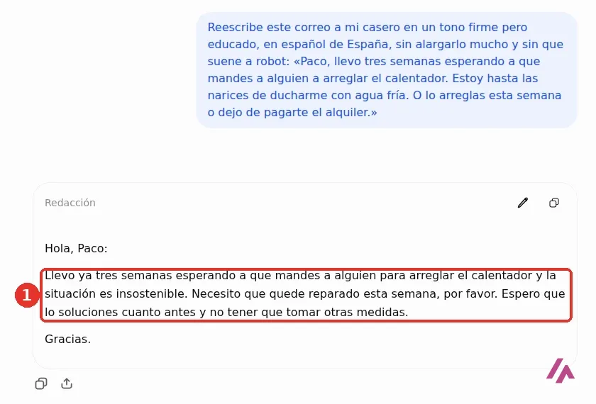 Correo reescrito por ChatGPT sin cuenta, con el párrafo principal recuadrado con el número 1: tres semanas esperando el arreglo del calentador, que quede reparado esta semana y no tener que tomar otras medidas
