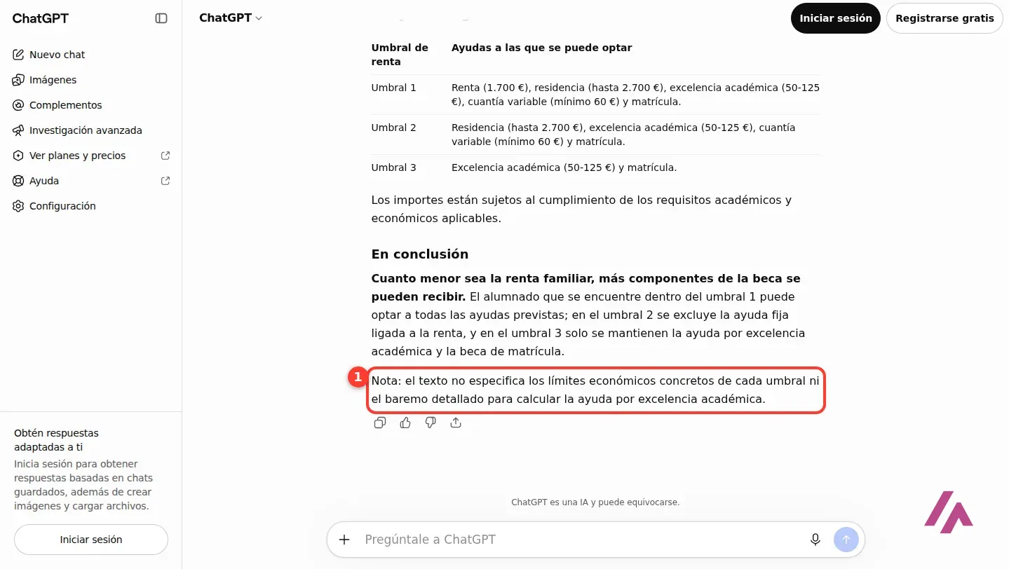 Final del resumen de ChatGPT con la nota recuadrada con el número 1: el texto no especifica los límites económicos concretos de cada umbral ni el baremo detallado para calcular la ayuda por excelencia académica