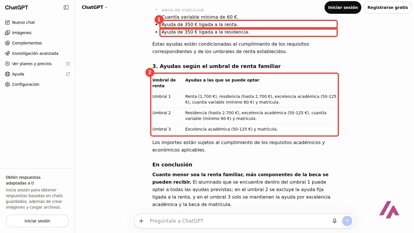 Resumen de ChatGPT con las dos ayudas de 350 euros de la matrícula parcial recuadradas con el número 1 y la tabla de umbrales de renta con los importes recuadrada con el número 2