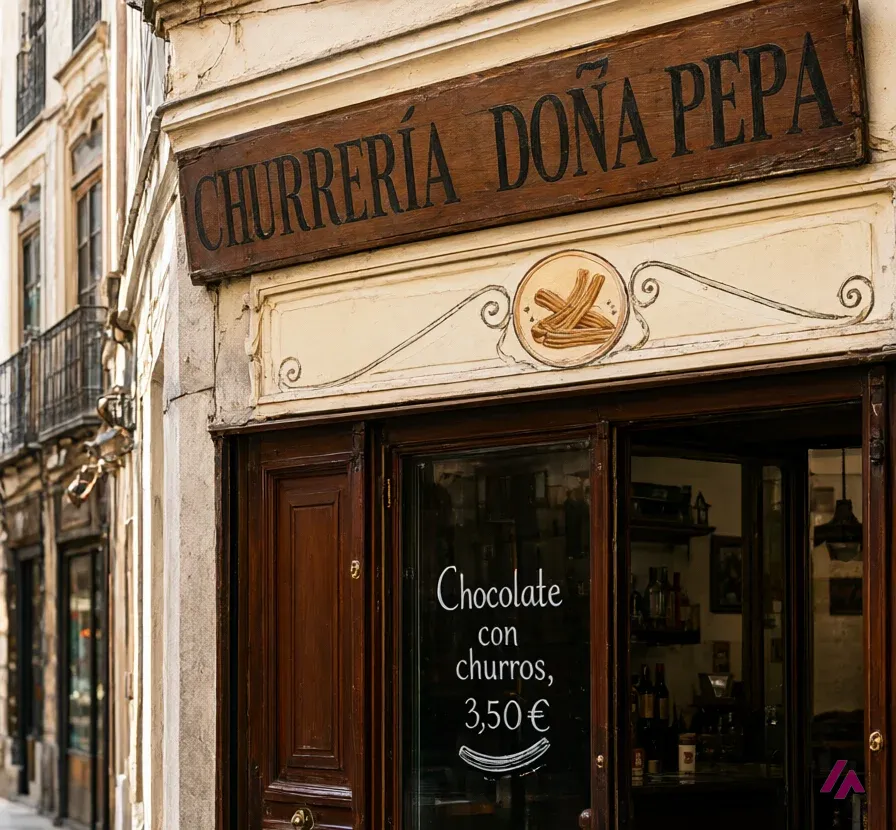 Imagen generada por Qwen-Image-2.1 de la fachada de una churrería con el letrero CHURRERÍA DOÑA PEPA y un cartel de tiza en el cristal que dice Chocolate con churros, 3,50 €