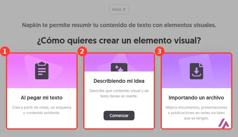 Pantalla de Napkin AI para crear un visual con tres opciones recuadradas y numeradas: Al pegar mi texto, Describiendo mi idea e Importando un archivo