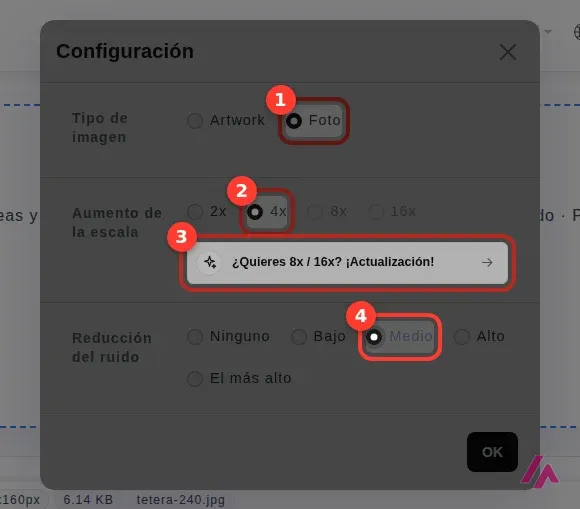 Ventana de configuración de BigJpg con el tipo Foto, el aumento 4x, el botón para 8x y 16x y la reducción de ruido media recuadrados