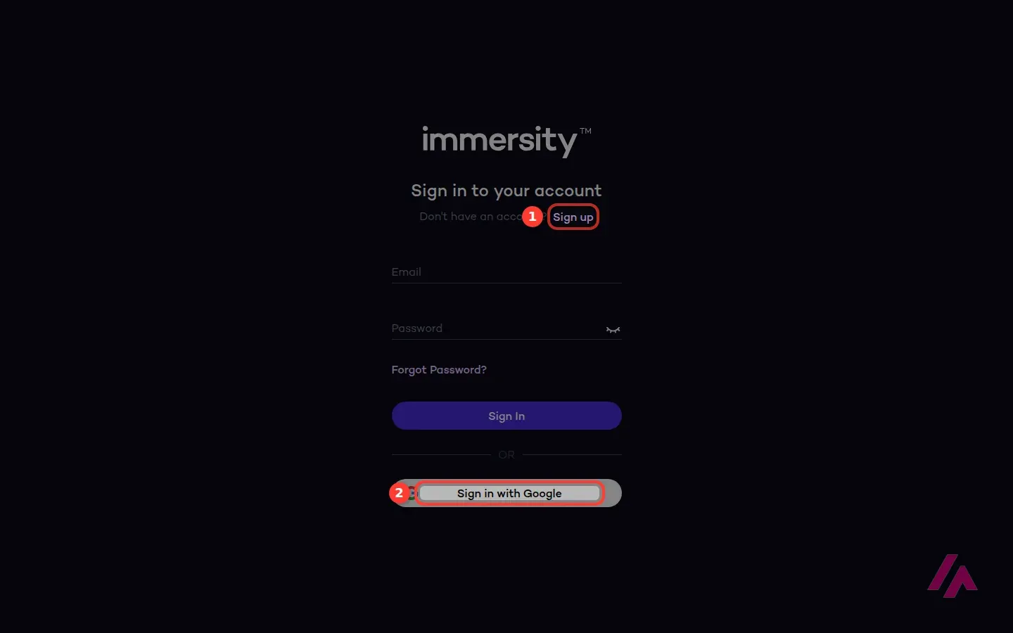 Pantalla de inicio de sesión de Immersity a la que lleva el antiguo conversor de LeiaPix, con Sign up y Sign in with Google recuadrados
