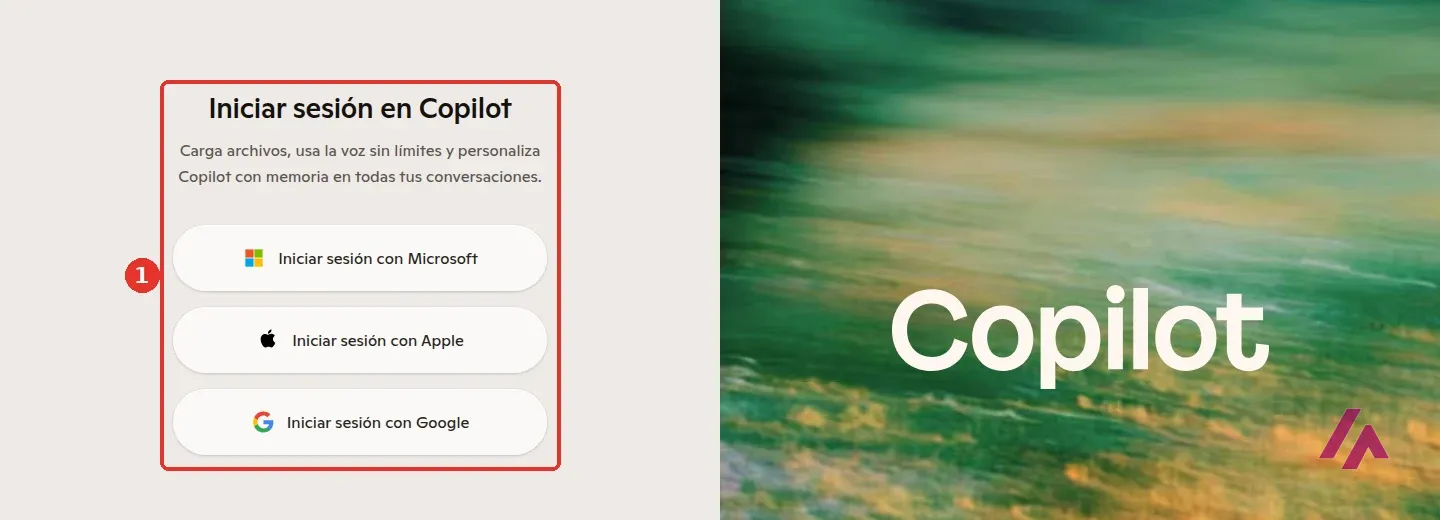 Pantalla Iniciar sesión en Copilot recuadrada con el número 1, con los botones Iniciar sesión con Microsoft, con Apple y con Google