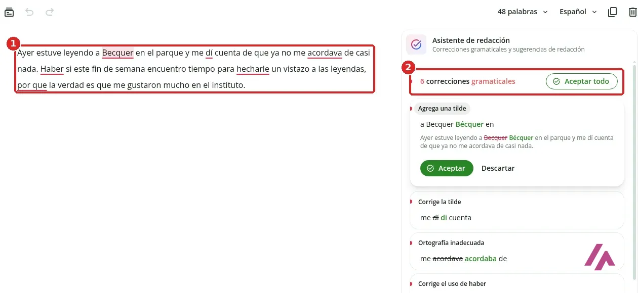 Editor de QuillBot con un párrafo en español con seis palabras subrayadas en rojo y el panel Asistente de redacción con 6 correcciones gramaticales