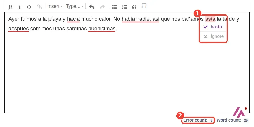 Corrector en español de Sapling con cinco trozos subrayados en rojo y la sugerencia hasta para asta recuadrada, junto al contador Error count 5