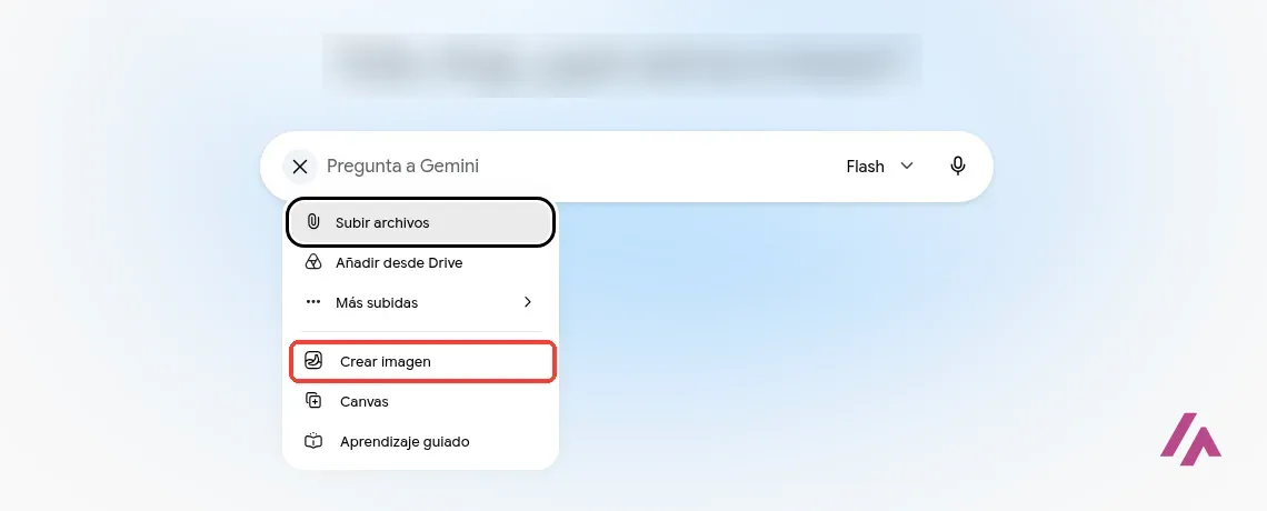 Menú del botón más de Gemini en español con la opción Crear imagen recuadrada, debajo de Subir archivos, Añadir desde Drive y Más subidas