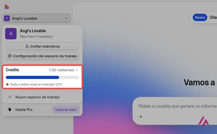 Menú del espacio de trabajo de Lovable en el plan Free con el contador de créditos restantes recuadrado