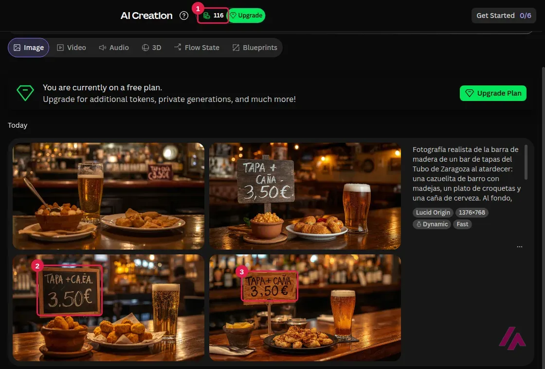 Las cuatro imágenes que generó Leonardo para el encargo de la tapa, con el saldo de 116 tokens, un cartel mal escrito como TAPA +CA.EA. 3.50 euros y otro bien escrito como TAPA + CAÑA 3,50 euros recuadrados