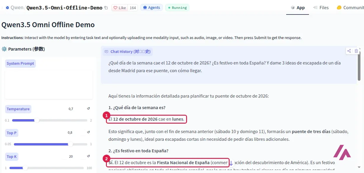 Demo Qwen3.5 Omni Offline en Hugging Face con la pregunta sobre el 12 de octubre de 2026 y la respuesta, con Cae en lunes recuadrado en 1 y Fiesta Nacional de España recuadrado en 2