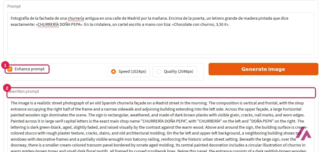 Demo Qwen Image 2.1 en Hugging Face con el prompt en español de la churrería, la opción Enhance prompt recuadrada en 1 y la etiqueta Rewritten prompt recuadrada en 2, con el texto reescrito en inglés debajo