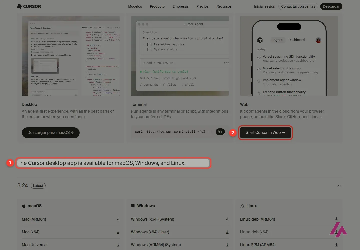 Página de descargas de Cursor con la aplicación de escritorio para macOS, Windows y Linux, el agente para la terminal y el botón para empezar en la web; recuadrados y numerados el escritorio y la web
