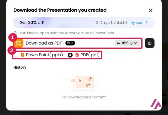 Ventana de descarga de PopAi con la fila Download as PDF y la etiqueta Plus recuadrada con el número 1 y las opciones PowerPoint y PDF recuadradas con el número 2