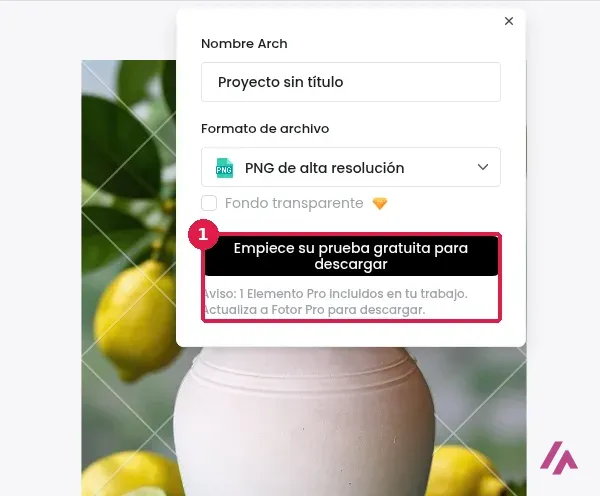 Ventana de descarga del editor de Fotor con el botón Empiece su prueba gratuita para descargar y el aviso de un elemento Pro recuadrados