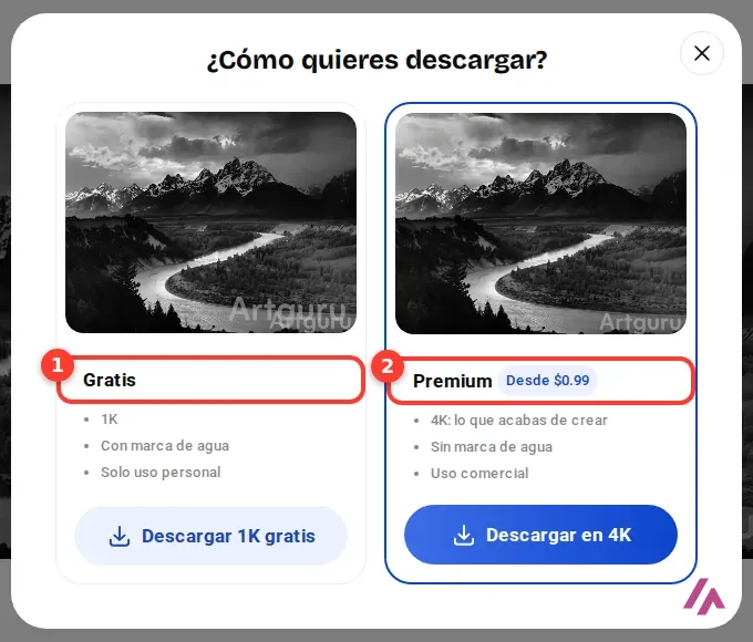 Ventana de Artguru Cómo quieres descargar con la opción Gratis, 1K con marca de agua y solo uso personal, y la opción Premium desde 0,99 dólares, 4K sin marca de agua y uso comercial