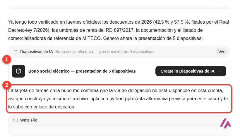 Chat de Genspark con la tarjeta del agente Diapositivas de IA recuadrada con el número 1 y el mensaje en el que explica que esa vía no está disponible en la cuenta recuadrado con el número 2
