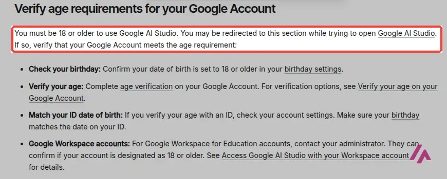 Sección Verify age requirements for your Google Account de la ayuda de Google AI Studio, con la frase You must be 18 or older to use Google AI Studio recuadrada