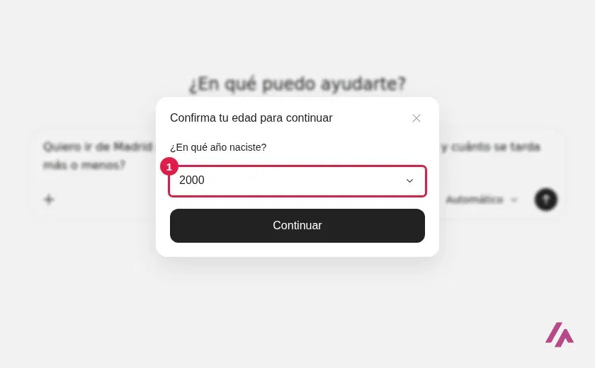 Ventana Confirma tu edad para continuar del chat de Qwen con la pregunta En qué año naciste y el desplegable recuadrado, puesto en 2000, y el botón Continuar