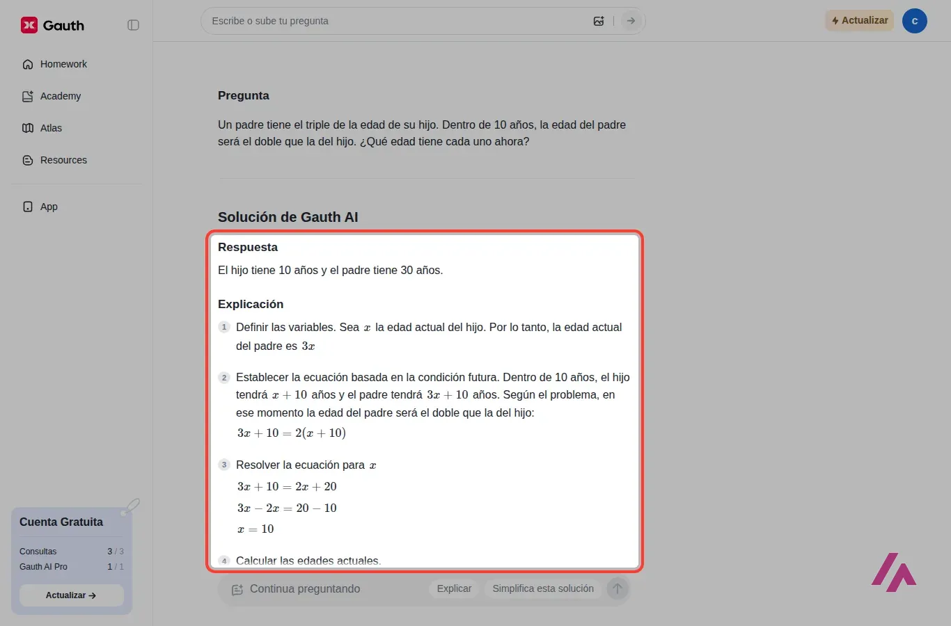 Solución de Gauth AI al problema de edades: la respuesta, el hijo tiene 10 años y el padre 30, y la explicación en pasos numerados con la ecuación 3x + 10 = 2(x + 10)