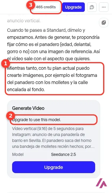 Respuesta en español del Agent de Runway con la frase que ofrece crear imágenes recuadrada en 1, el aviso Upgrade to use this model de la tarjeta Generate Video recuadrado en 2 y el saldo de 465 créditos recuadrado en 3