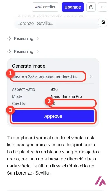 Tarjeta Generate Image del Agent de Runway con el encargo reescrito en inglés recuadrado en 1, el coste de 20 créditos recuadrado en 2 y el botón Approve recuadrado en 3