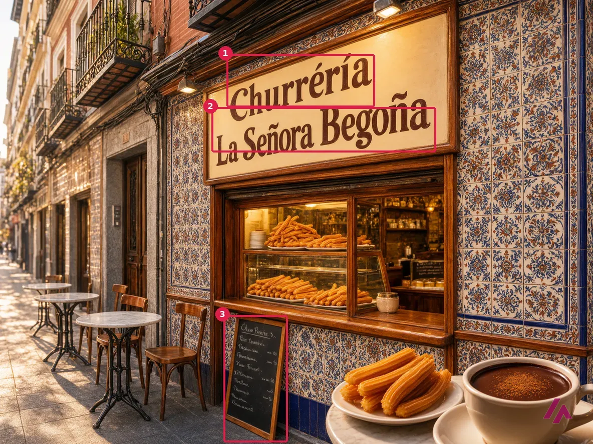 Imagen generada por Krea 3 de la fachada de una churrería con azulejos, mesas de mármol y una taza de chocolate con churros; el rótulo dice Churréria La Señora Begoña y la pizarra del menú es ilegible