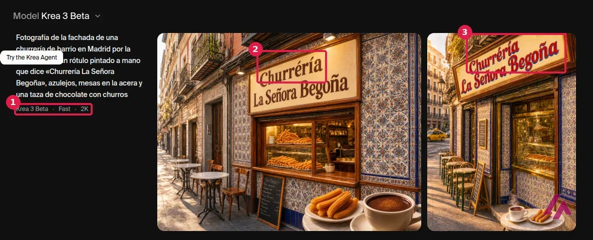 Las dos imágenes de la churrería creadas por Krea 3 Beta con la etiqueta Krea 3 Beta Fast 2K y la palabra Churréria con una tilde de más recuadrada en los dos rótulos