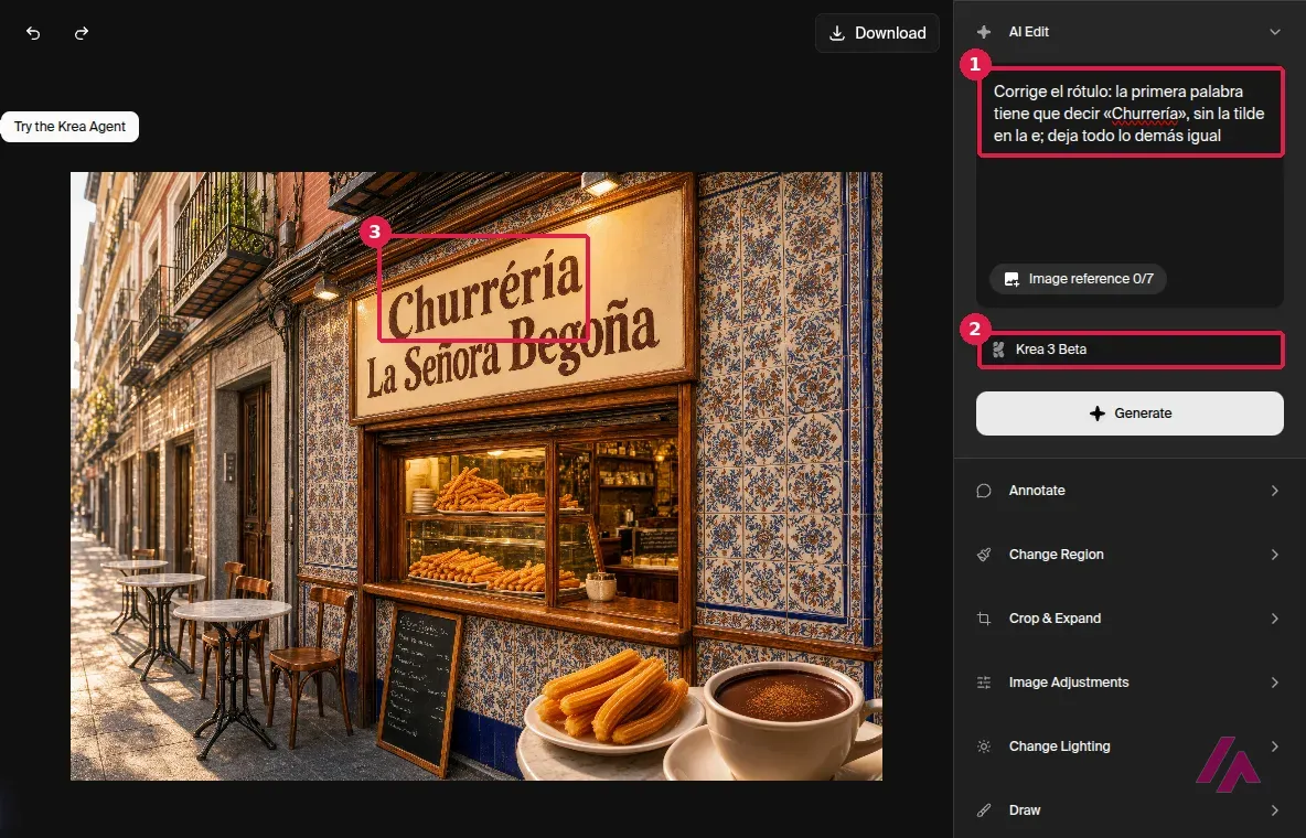 Editor de Krea con la petición en español de corregir el rótulo, el modelo Krea 3 Beta y el rótulo que sigue diciendo Churréria recuadrados