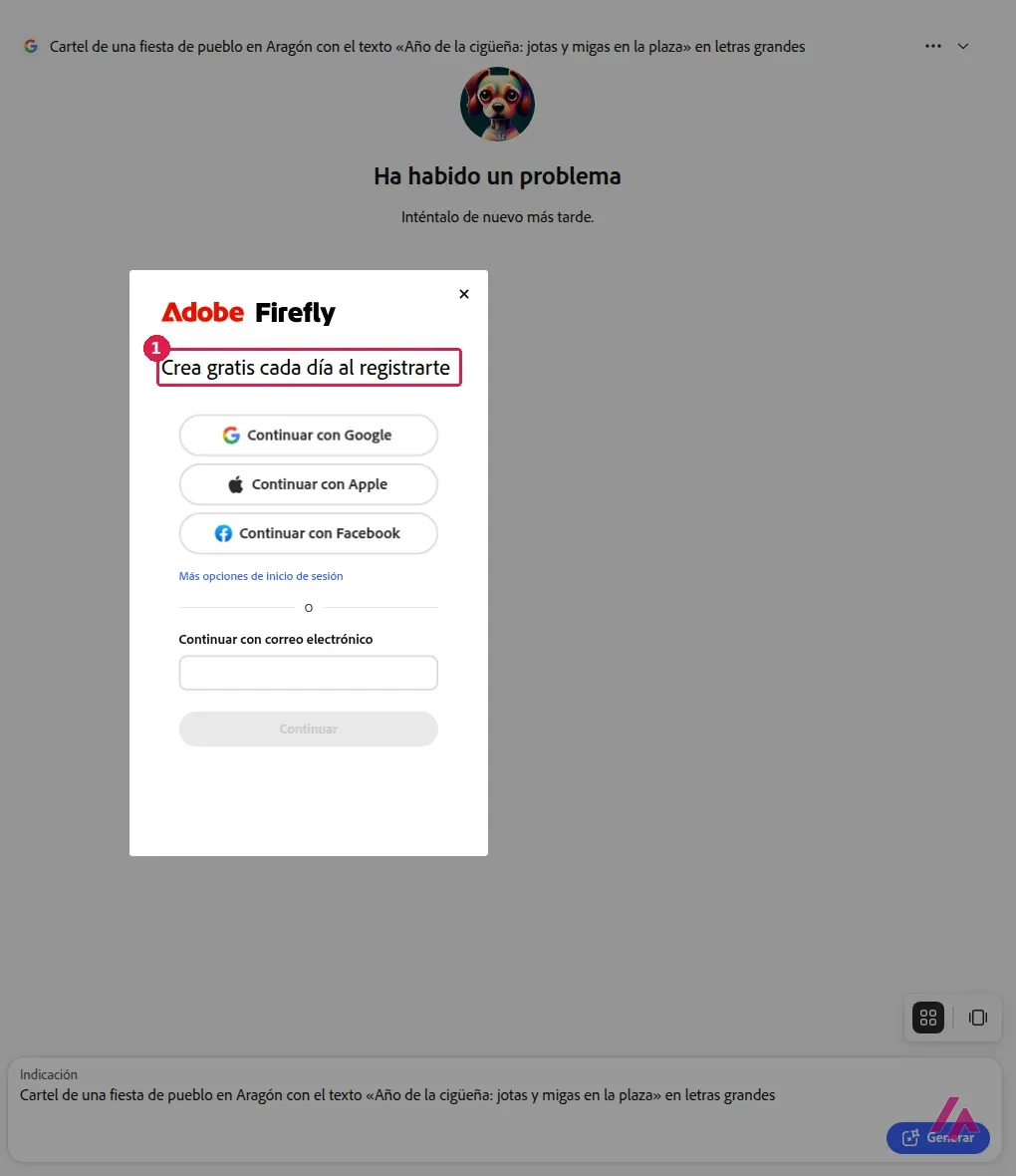 Generador de imágenes de Adobe Firefly con la indicación del cartel de la fiesta de pueblo en Aragón y la ventana Crea gratis cada día al registrarte, con ese mensaje recuadrado