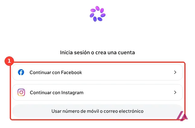 Página de acceso de Meta con el título Inicia sesión o crea una cuenta y los botones Continuar con Facebook, Continuar con Instagram y Usar número de móvil o correo electrónico recuadrados