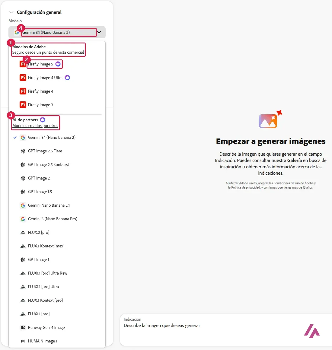 Desplegable de modelos del generador de imágenes de Adobe Firefly sin cuenta, con el grupo Modelos de Adobe, Firefly Image 5, el grupo M. de partners y el modelo elegido de serie, Gemini 3.1 (Nano Banana 2), recuadrados y numerados