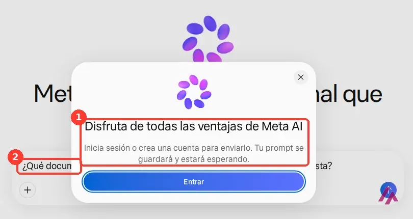 Portada de meta.ai con la pregunta escrita en la caja, tapada en parte por la ventana Disfruta de todas las ventajas de Meta AI que pide iniciar sesión o crear una cuenta para enviarla, recuadradas y numeradas